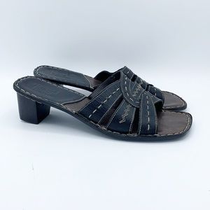 Tsongo Sandal Womens 10 Black Leather Block Heel Slide Contrast Stitch Boho Shoe